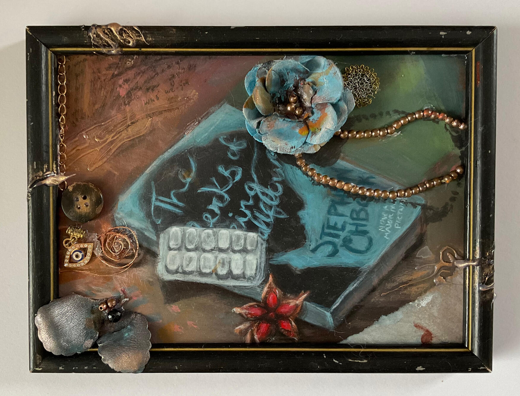 Acrylic and mixed media. Collage with found objects.